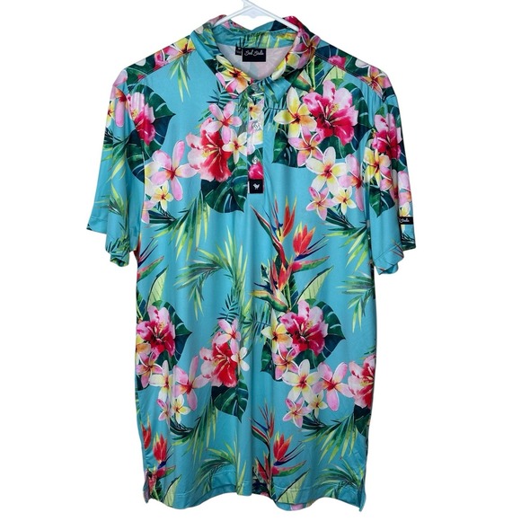 Bad Birdie Tropics Hawaiian Floral Golf Polo Shirt Mens Medium Teal Plumeria - Picture 2 of 7